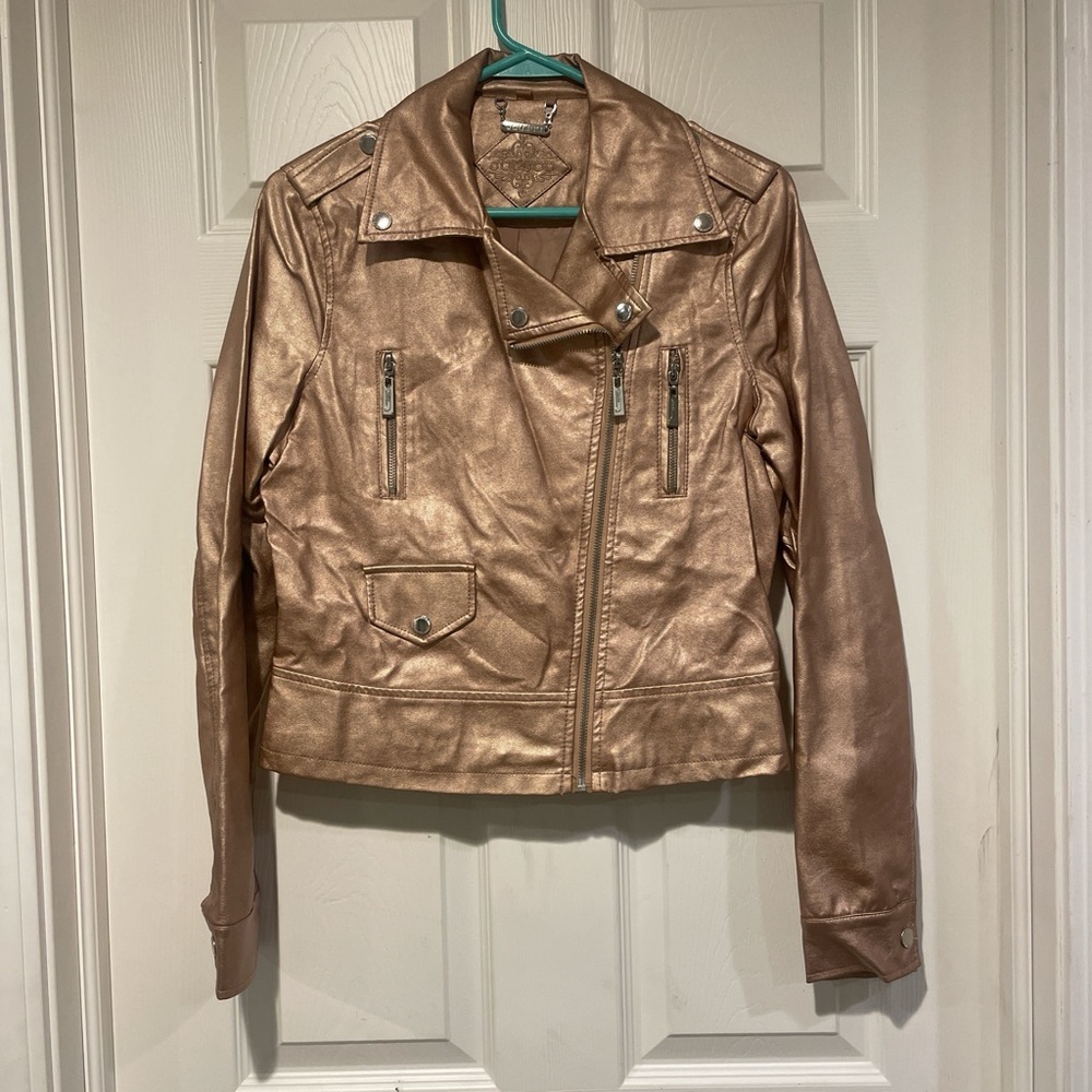 Metallic Rose Gold Moto Jacket - Women's Faux Leather Biker Coat